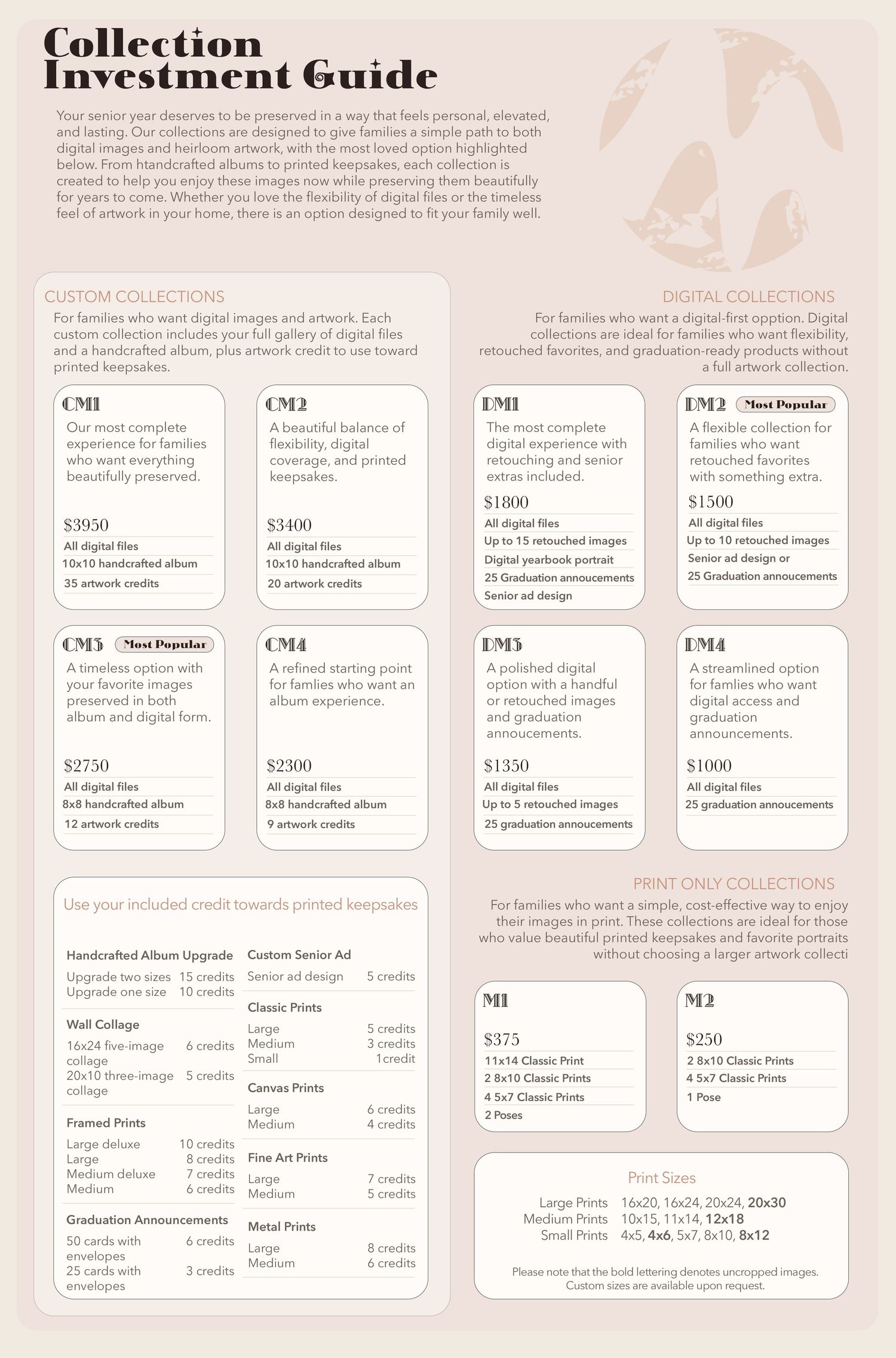 A photography collection investment guide showing custom and digital package options with pricing details and credit redemption charts.