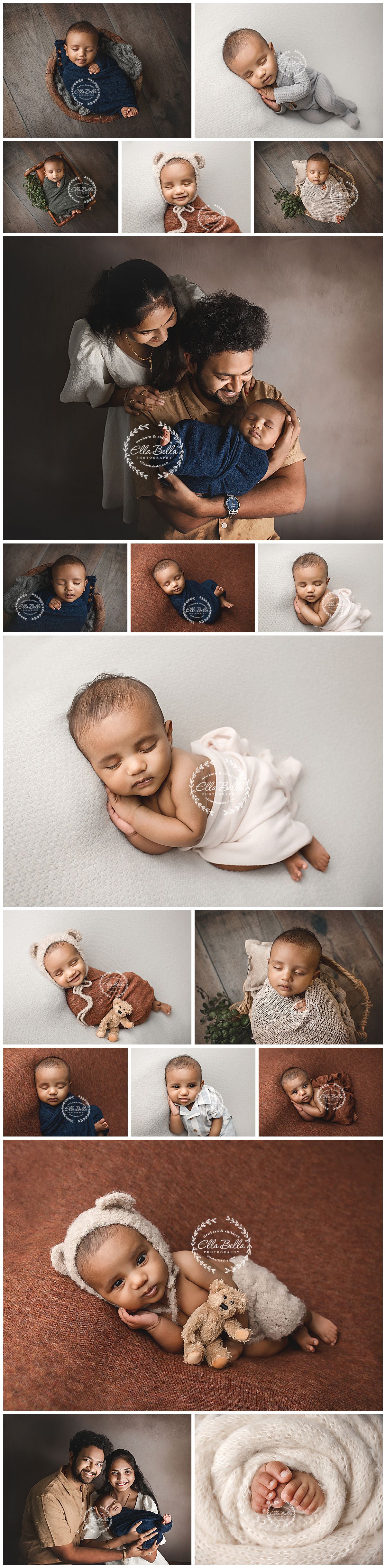 Newborn photography collage featuring a baby boy in various poses with parents, props, and soft wraps in navy, brown, and cream tones.