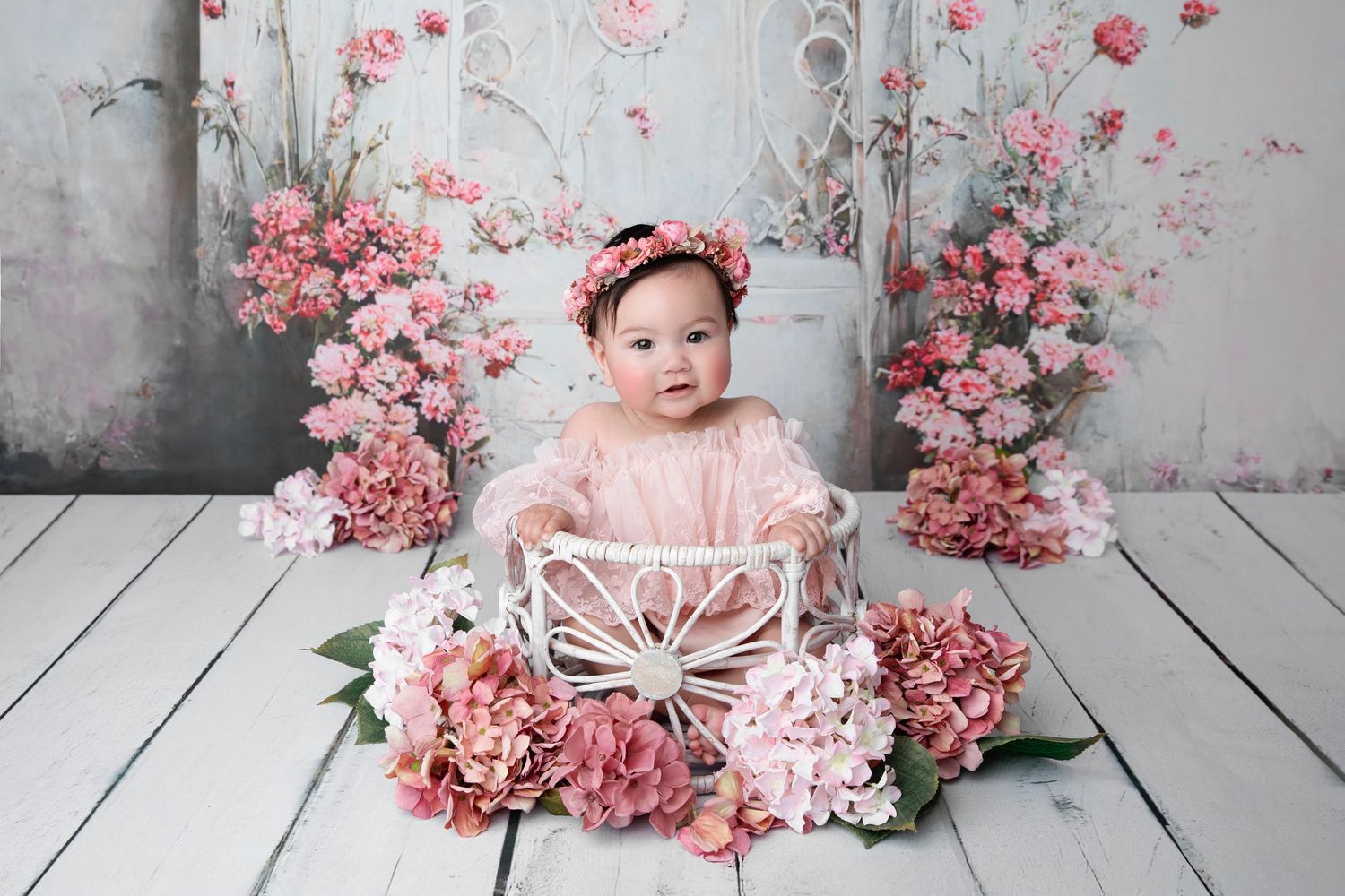 Baby girl in pink dress and floral headband sits among pink hydrangeas in a charming floral portrait.