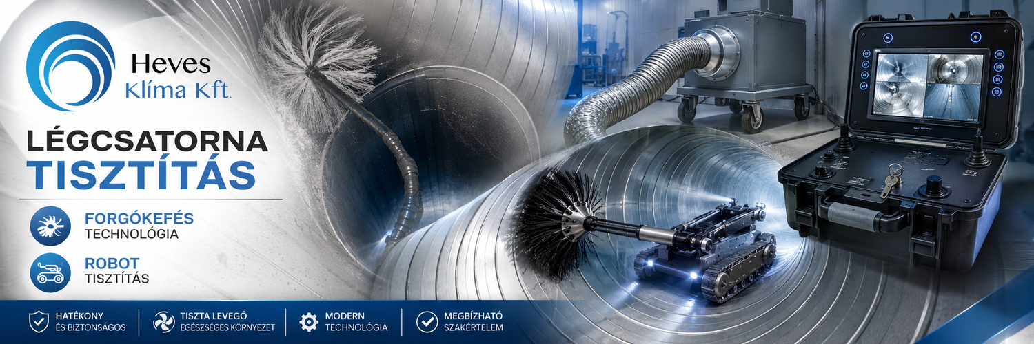 Professional air duct cleaning service banner featuring robotic inspection technology and industrial cleaning equipment by Heves Klima Kft.
