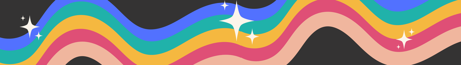Decorative rainbow wave banner design with sparkles on black background.