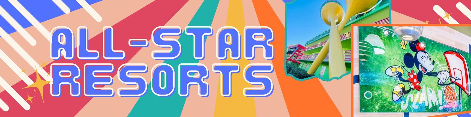 Retro-style banner design for Disney's All-Star Resorts with blue neon text and decorative elements.