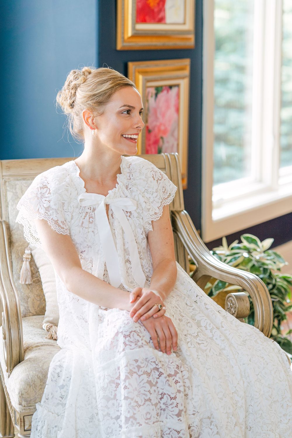 Getting Ready Portraits For Abby's Wayzata Wedding in her childhood home, Needle & Thread Cape