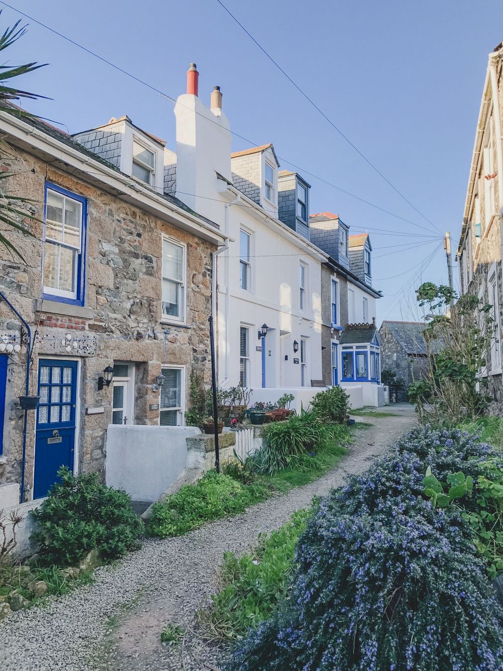 A quaint cobblestone path winds between traditional stone cottages with blue doors and coastal vegetation.