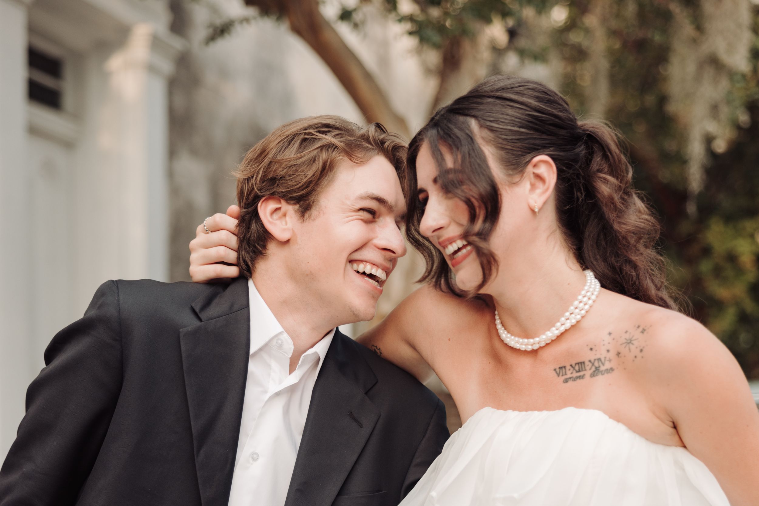 Bride and groom share romantic moments in a wedding photo collage with outdoor garden setting.