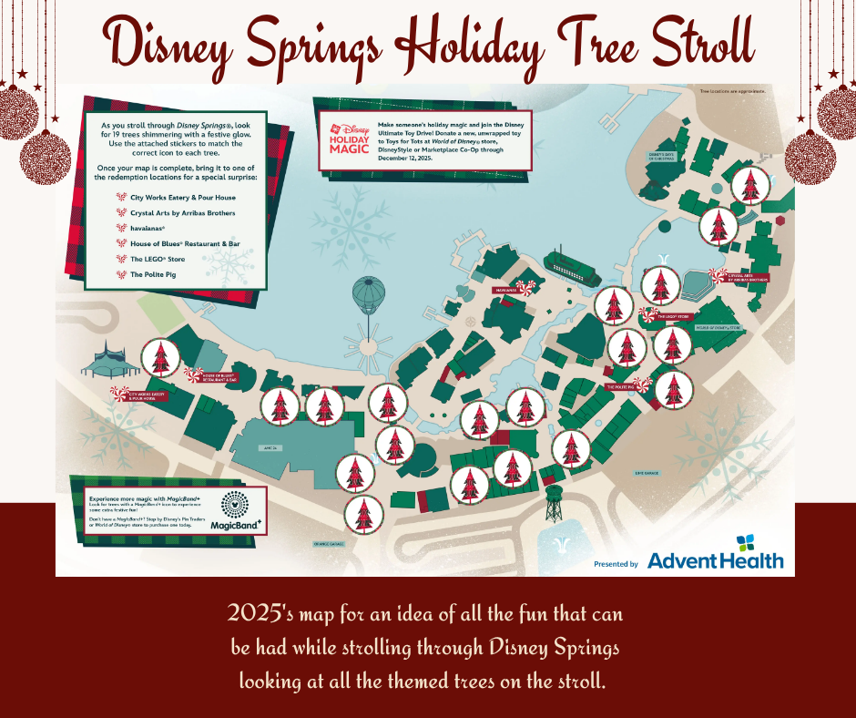 Map showing locations of holiday activities and attractions at Disney Springs.
