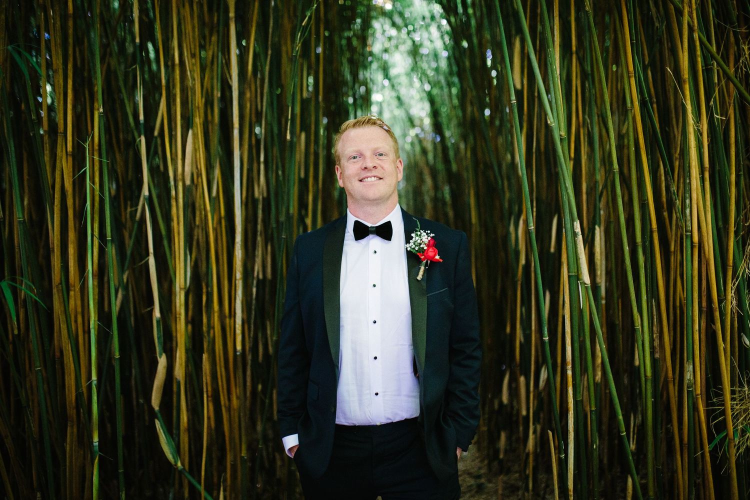 A person in a black tuxedo and bow tie stands between tall green bamboo stalks in a garden setting at night.