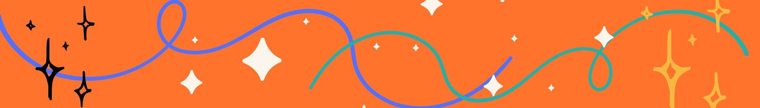Orange decorative border with white star and swirl pattern.