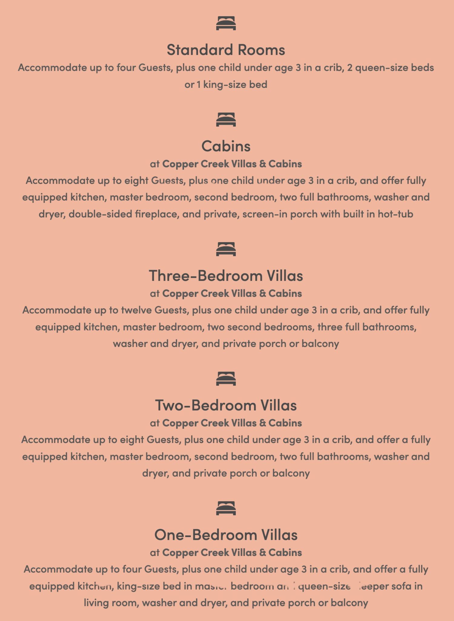 Room types menu listing accommodation options from standard rooms to one-bedroom villas.