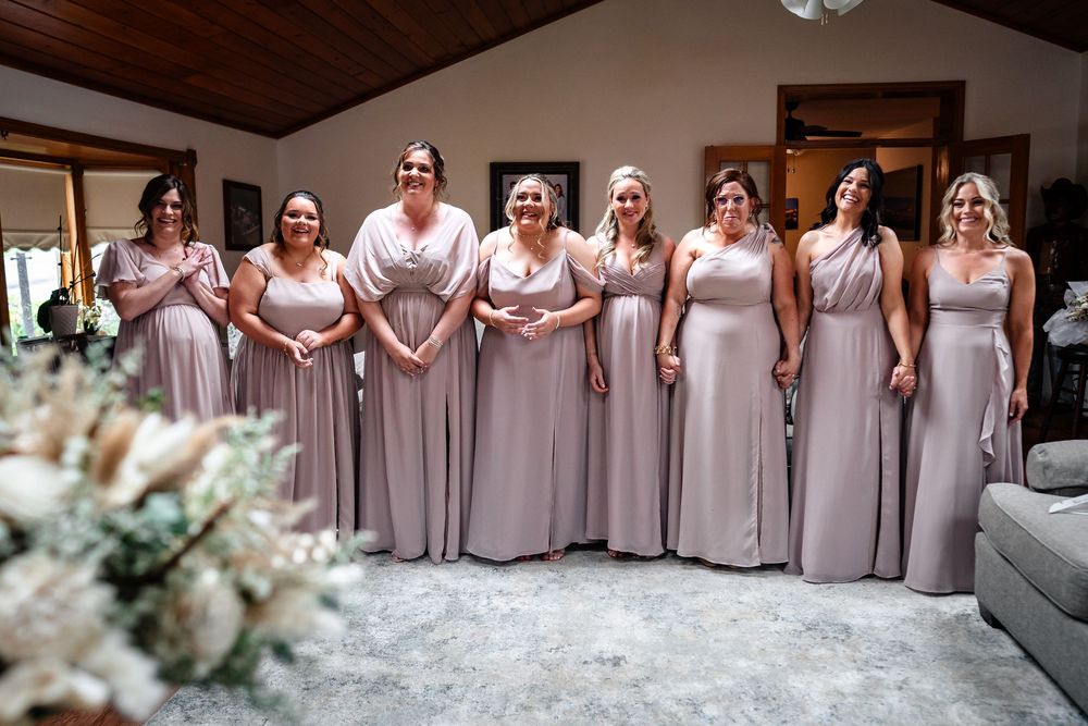 Bridesmaids in matching blush pink dresses lined up for formal wedding photo.