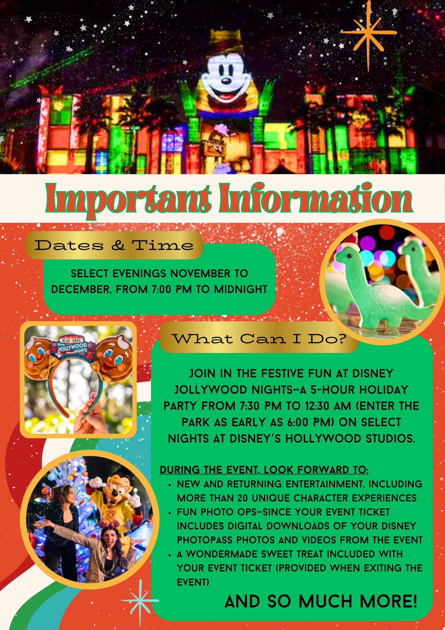 Information poster for Disney Jollywood Nights event showing festive building projections and activities.