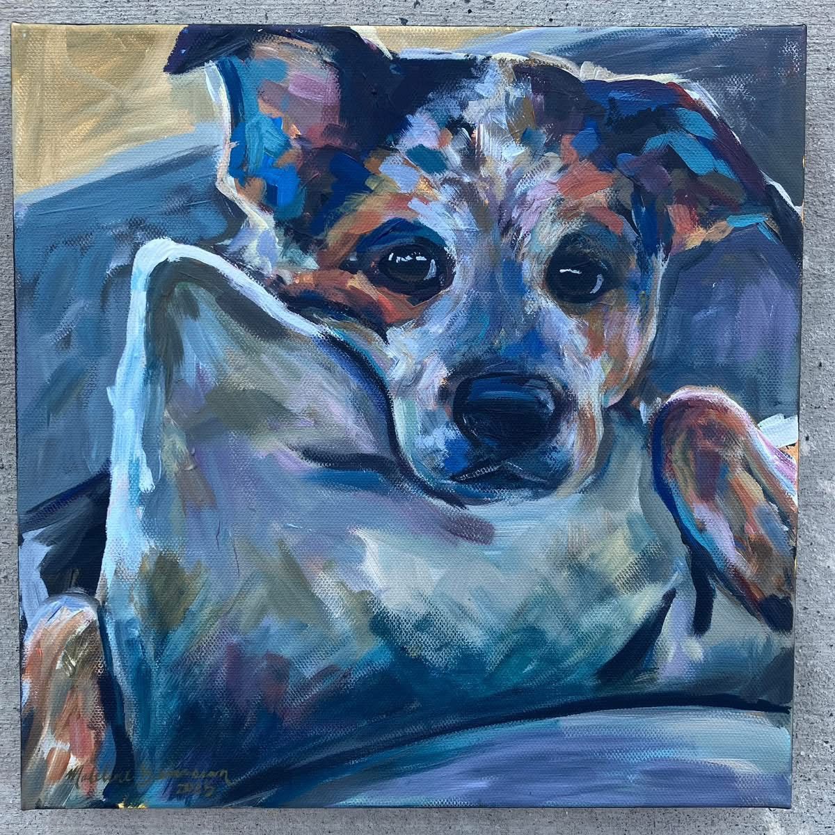 A stylized acrylic painting of a dog resting its head on a pillow, painted in deep blues, purples, and warm highlights