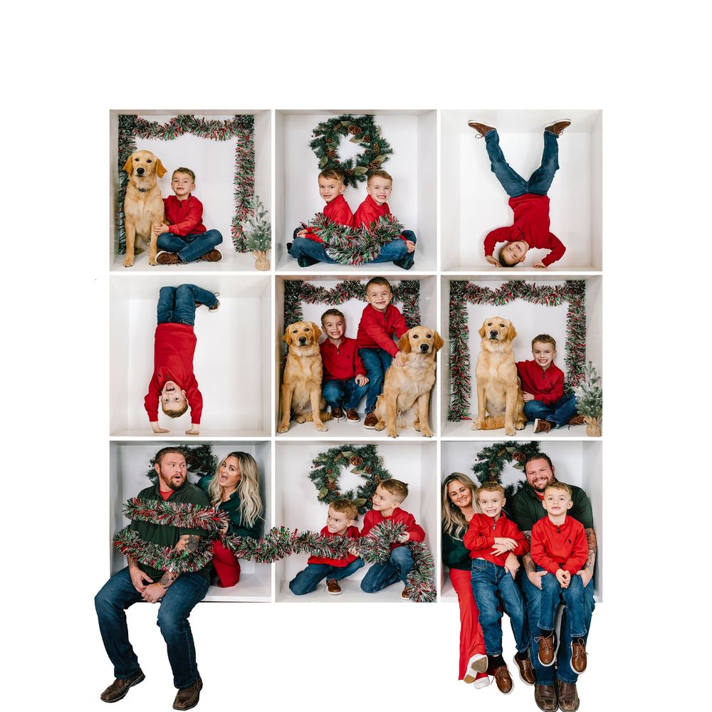Holiday photo collage showing family portraits with festive garland and wreath decorations in red and green outfits.