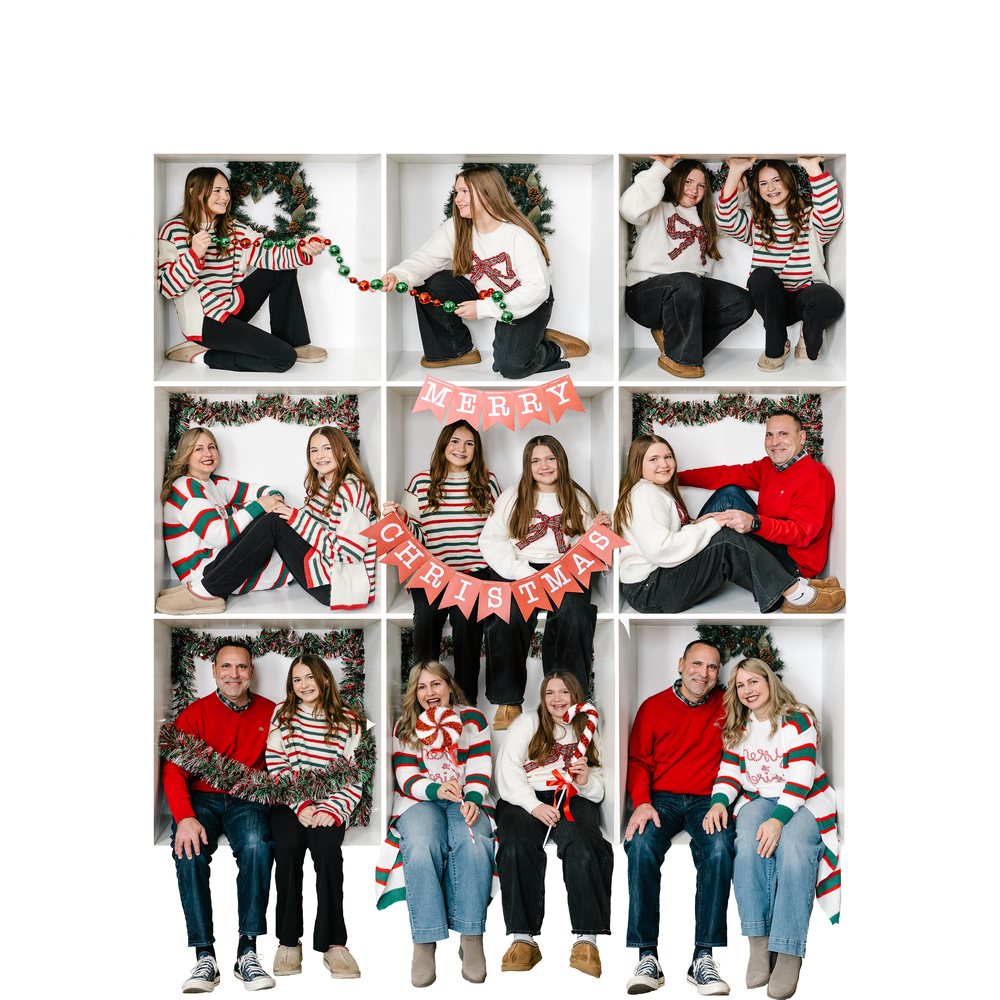 Collage of holiday photos showing people in festive red and white outfits posing together with Christmas decorations.