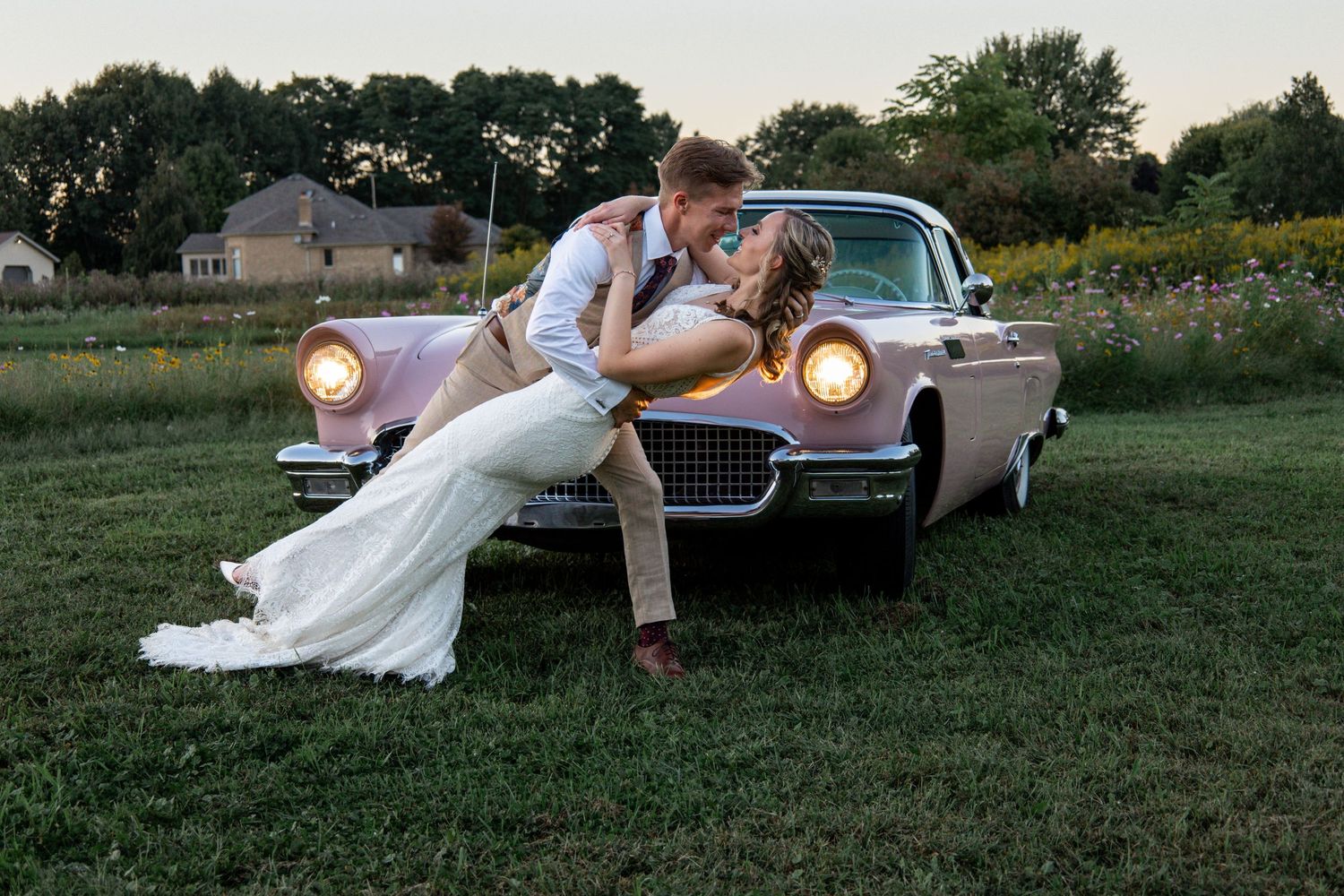 Dip kiss photo of bride and groom in South Florida
