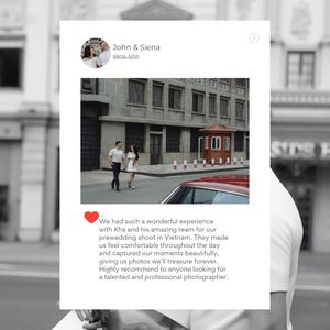 Instagram-style testimonial from John and Siena praising Kha's prewedding photography team in Vietnam.