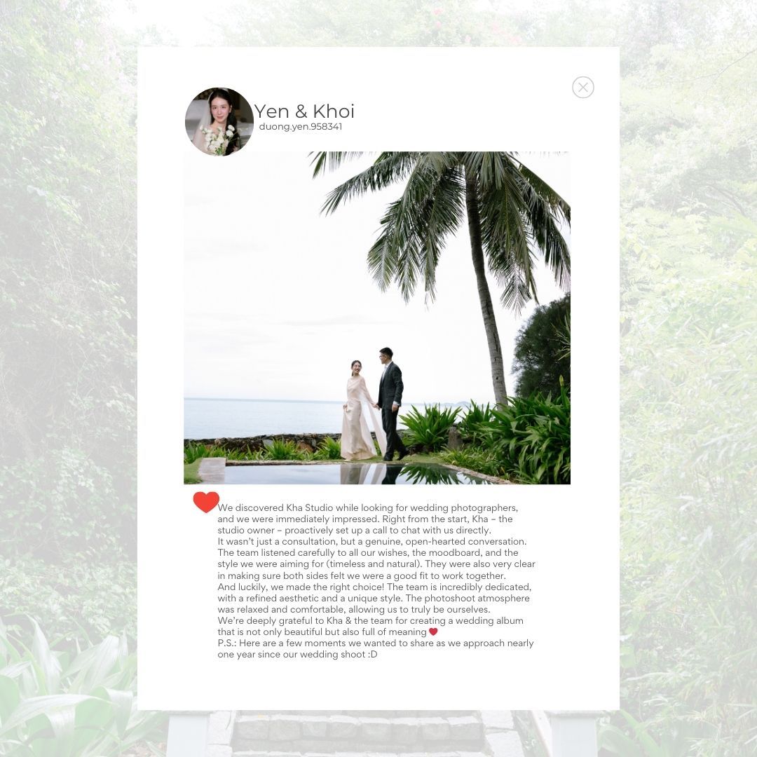 Instagram-style wedding review from Yen and Khoi praising Phan Quoc Kha Studio photographers in Vietnam.