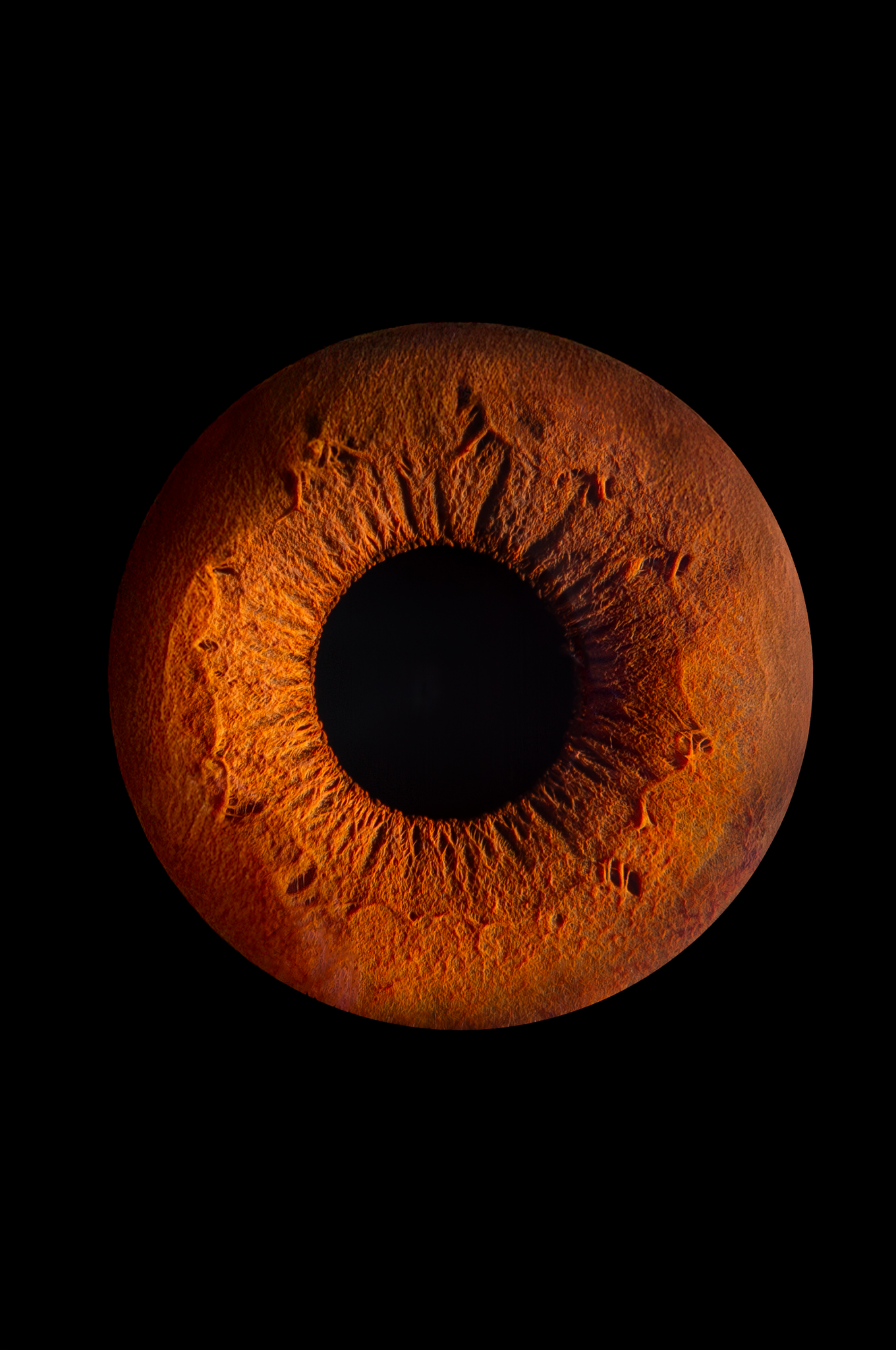 A sequence of four photos showing a rusty orange donut shape rotating against a black background, highlighting its texture.