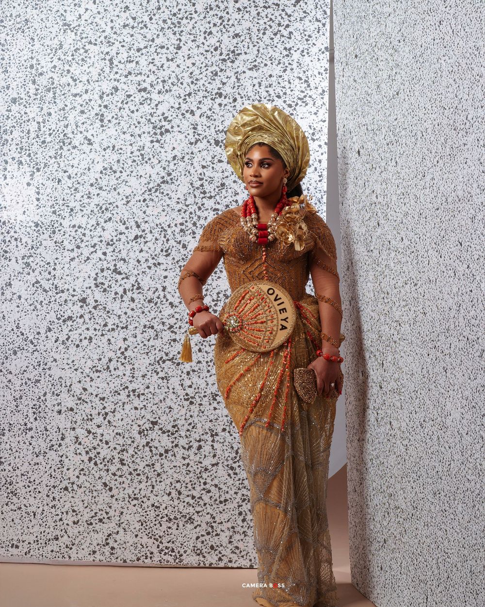 Three sequential photos show a person in traditional Pacific Islander attire with straw hat and woven accessories against a wall.