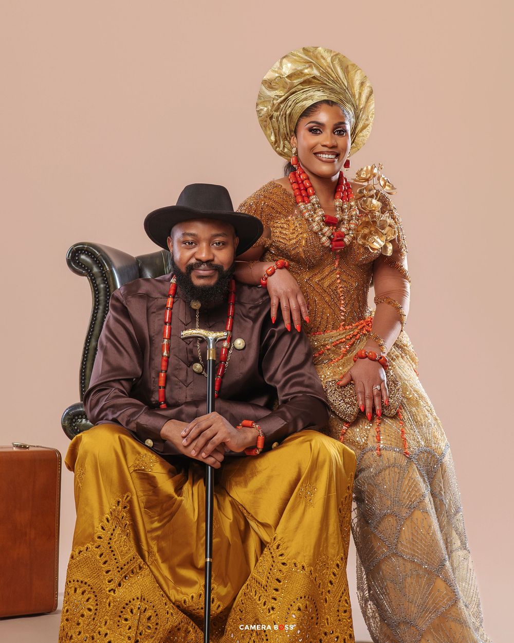 Traditional West African wedding attire showcased in a series of elegant poses against a beige backdrop.