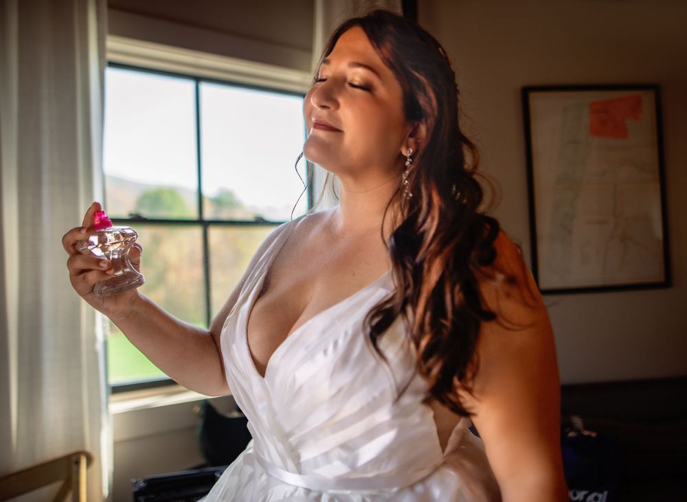 A sequence of four candid moments showing a bride in a white dress posing expressively near a window.
