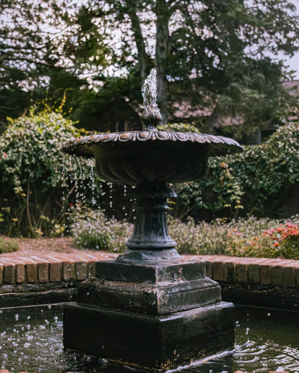 Ornate stone fountain basins create reflective pools in a formal garden setting.