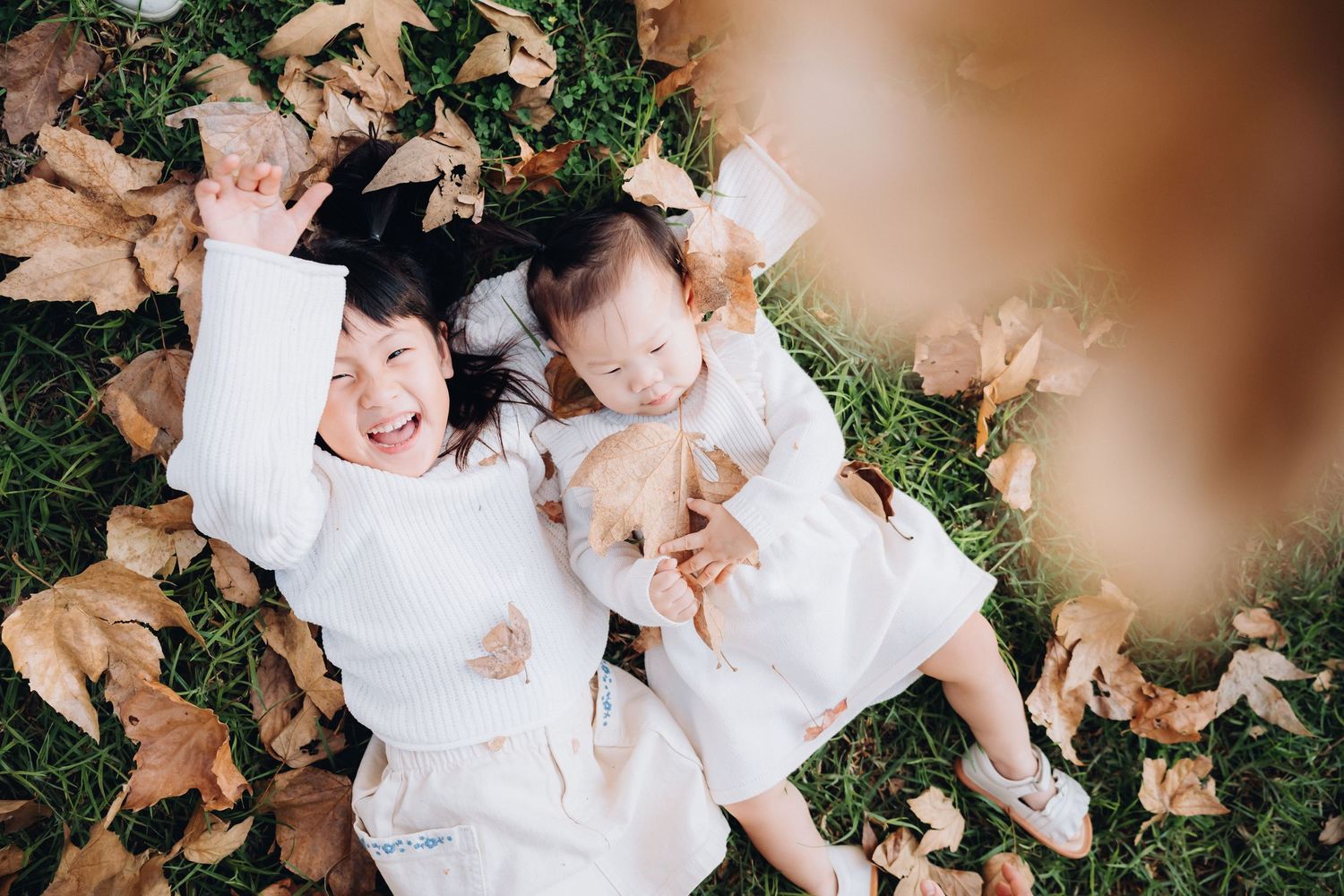 People wearing white clothing lie on grass surrounded by autumn leaves in an artistic photo series.