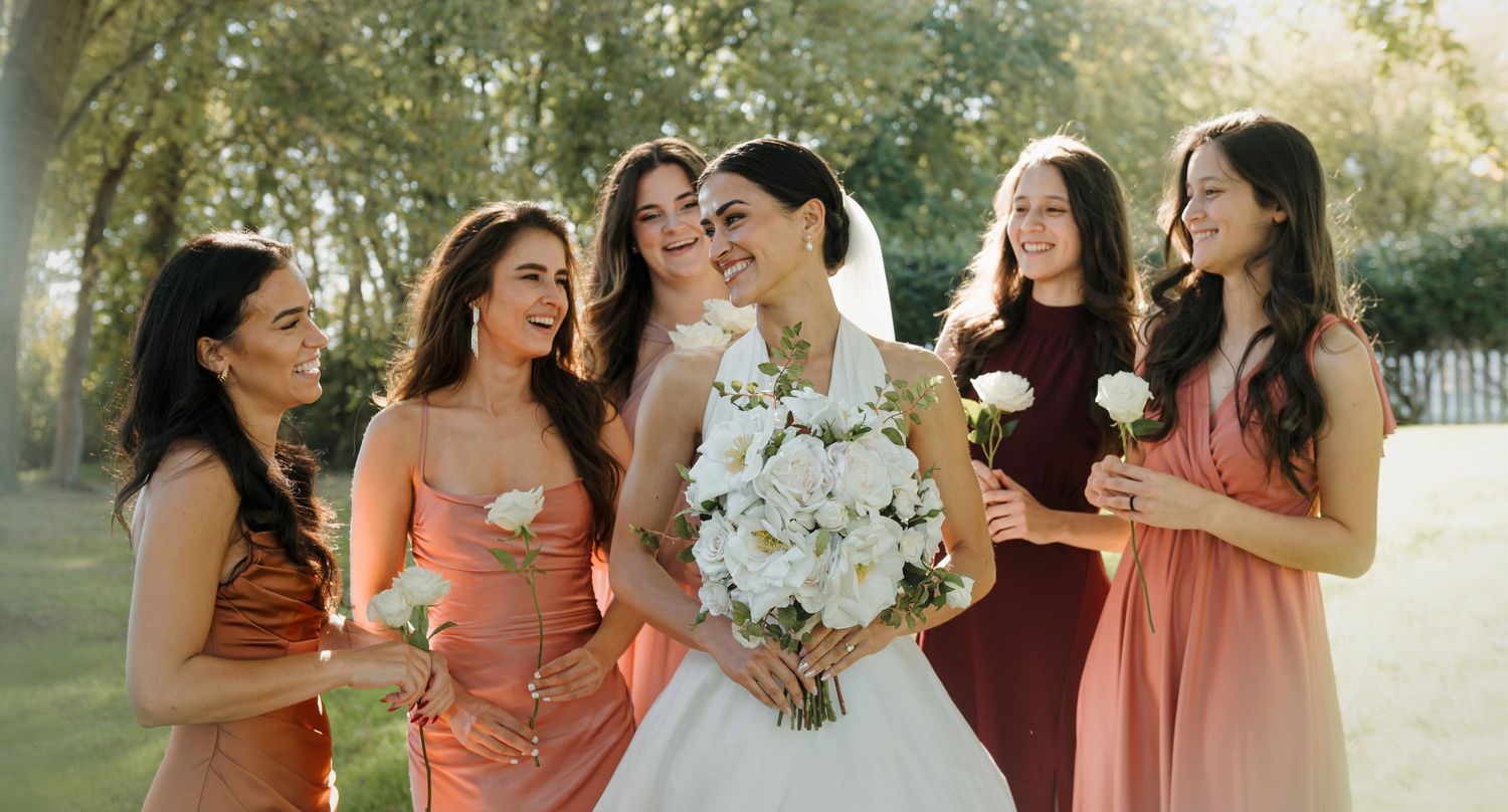 A bridal party in coral and peach-colored dresses stands together outdoors holding bouquets in warm sunlight.