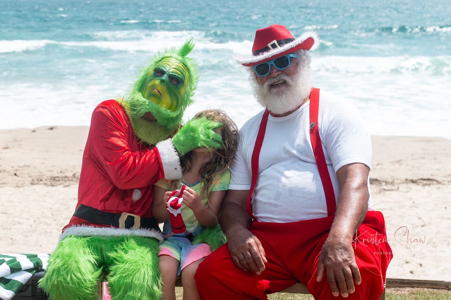 Holiday-themed figures relax on grass near the beach with bright blue ocean waters visible.