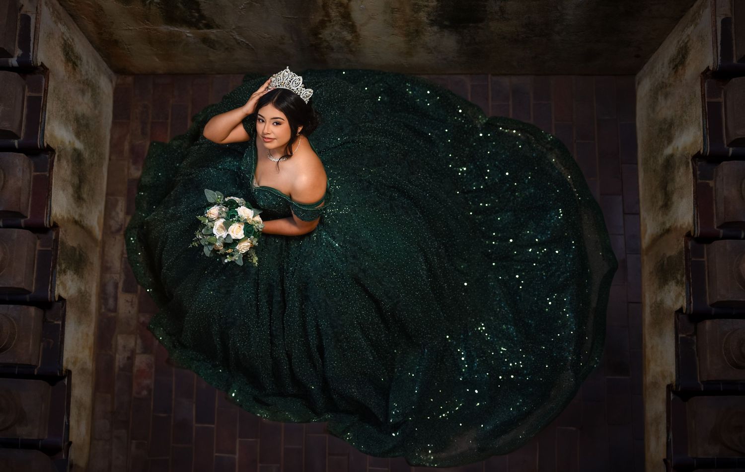 Urban style quince photoshoot location in Dallas Fort Worth with city backdrop