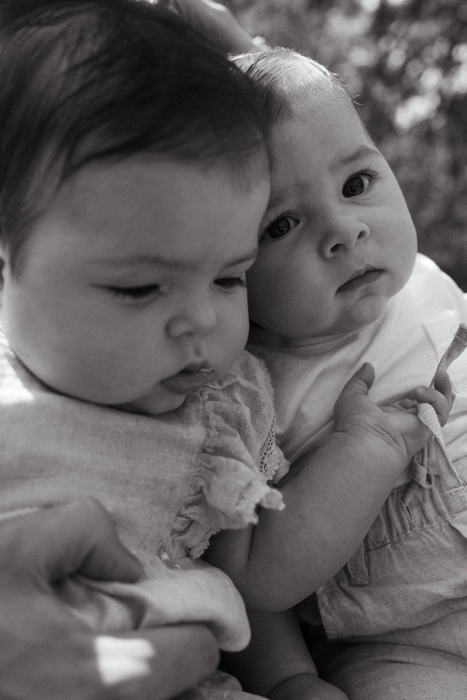 Black and white close-up series showing two babies interacting sweetly.