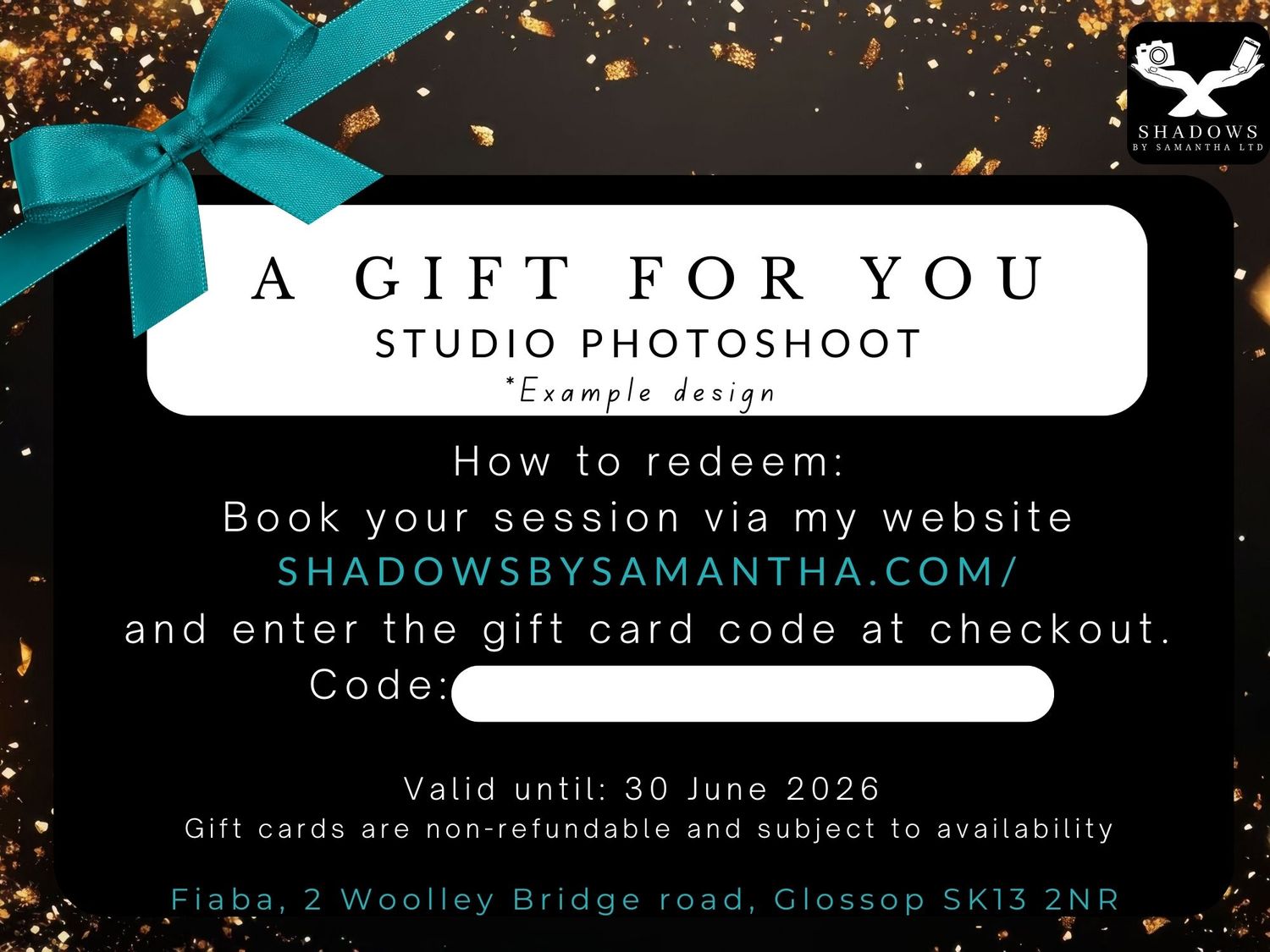 A black gift card with teal bow advertising a 20-minute in-studio photoshoot session, valid until June 2026.