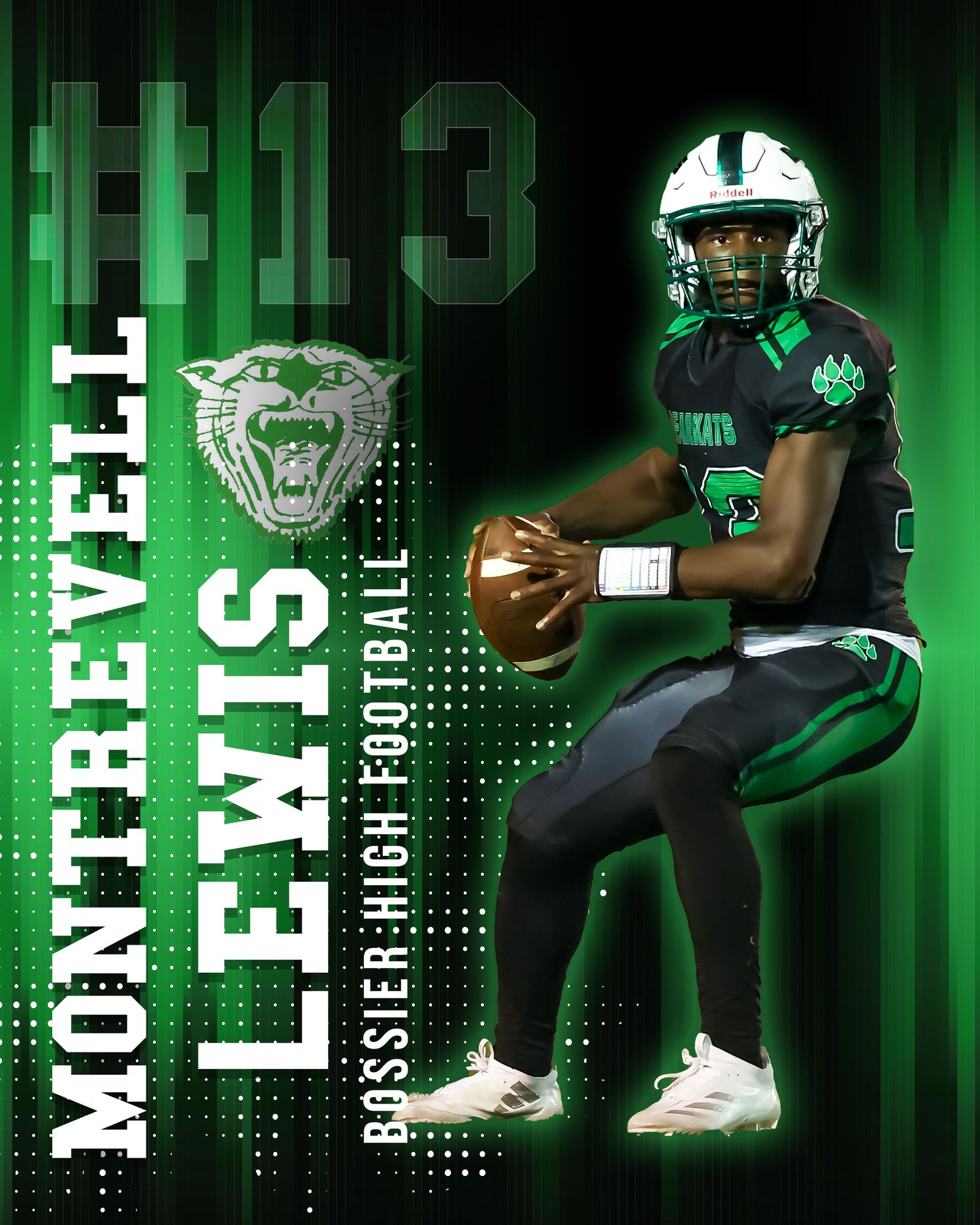Football player poses in green jersey with number 13, holding ball against dark background with 'LEWIS' and panther logo graphic.