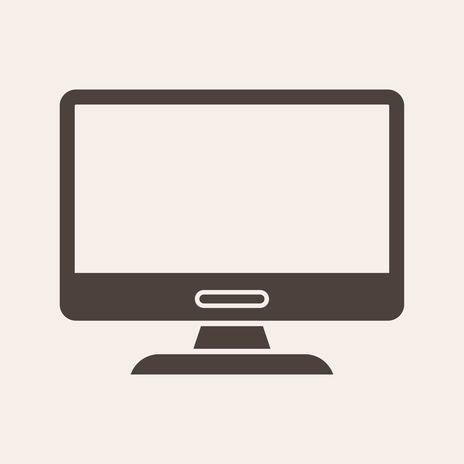 A simple dark gray computer monitor icon with a stand displayed against a light beige background.