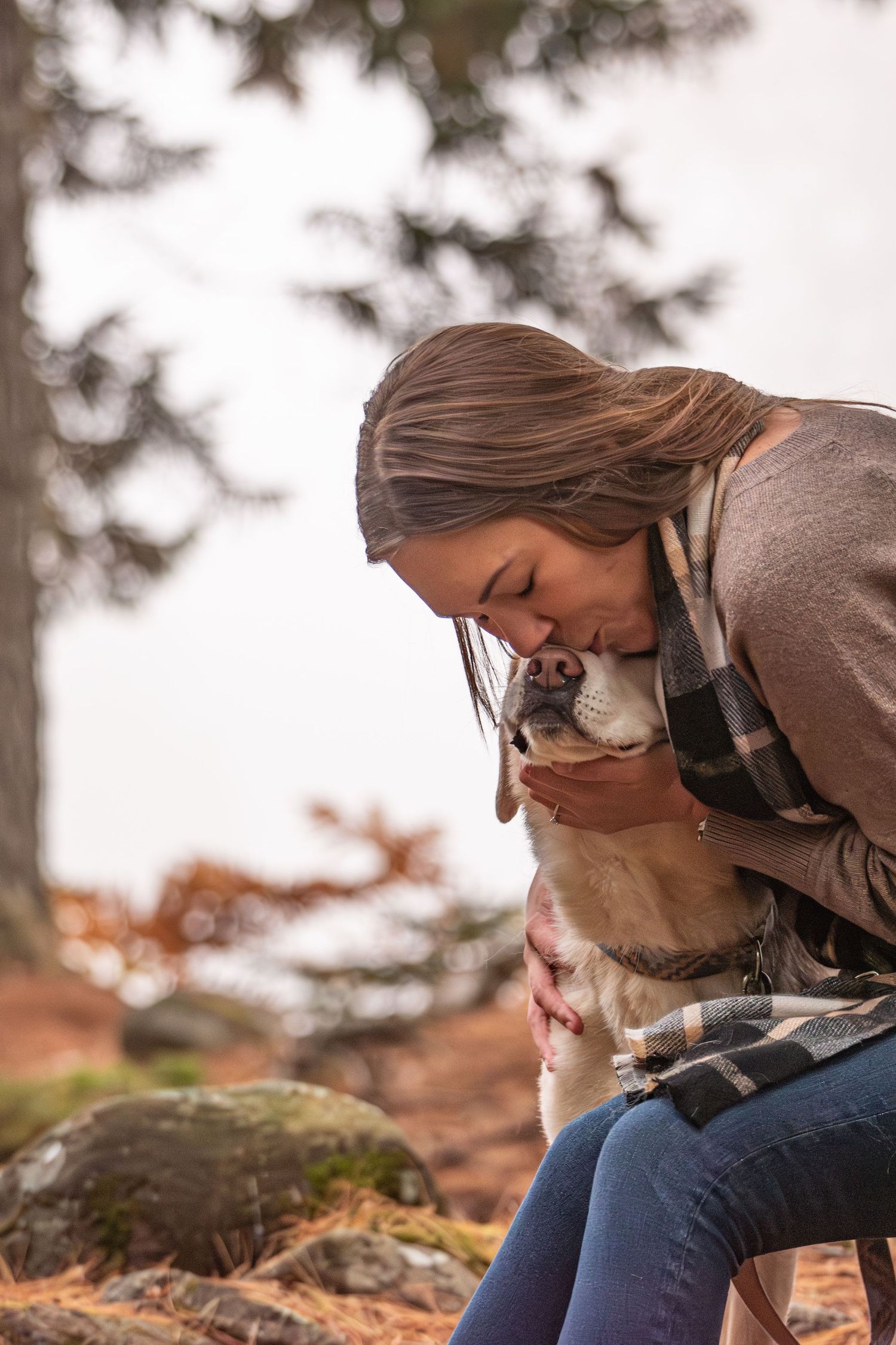 Woman kissing her small dog outdoors in autumn forest setting while sitting on rocks. Canine Photo by Xenophon Photography in Maine.