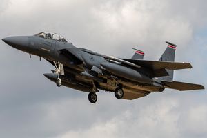 A F-15E Strike Eagle arriving after a local sortie at RAF Lakenheath.