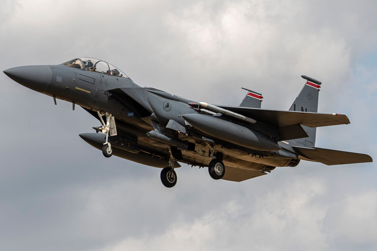 A F-15E Strike Eagle arriving after a local sortie at RAF Lakenheath.