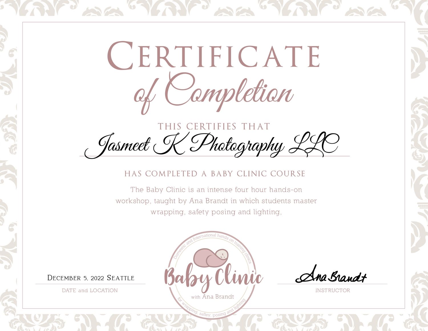 Baby Clinic Certificate - Jasmeet K Photography