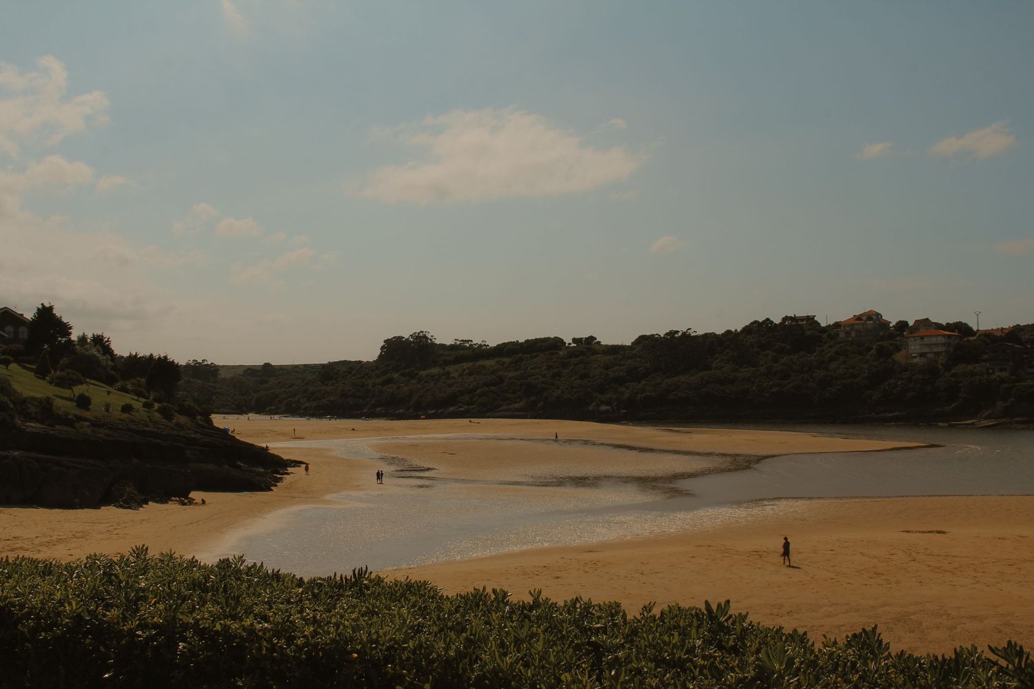 A scenic coastal inlet with sandy beach and distant treeline under a soft evening sky.