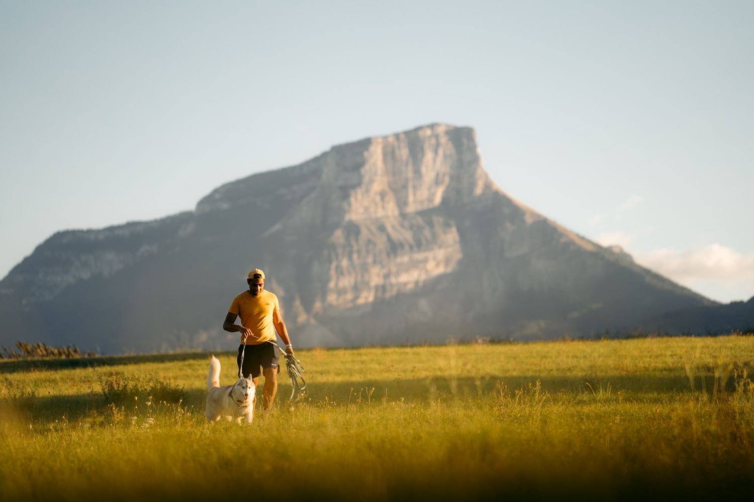 promeneur et son chien dans un champ devant le mont granier