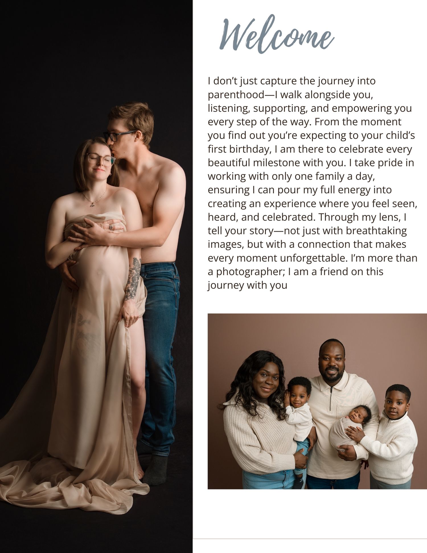 A collection of intimate family portraits showing tender moments between parents and children in neutral toned settings.