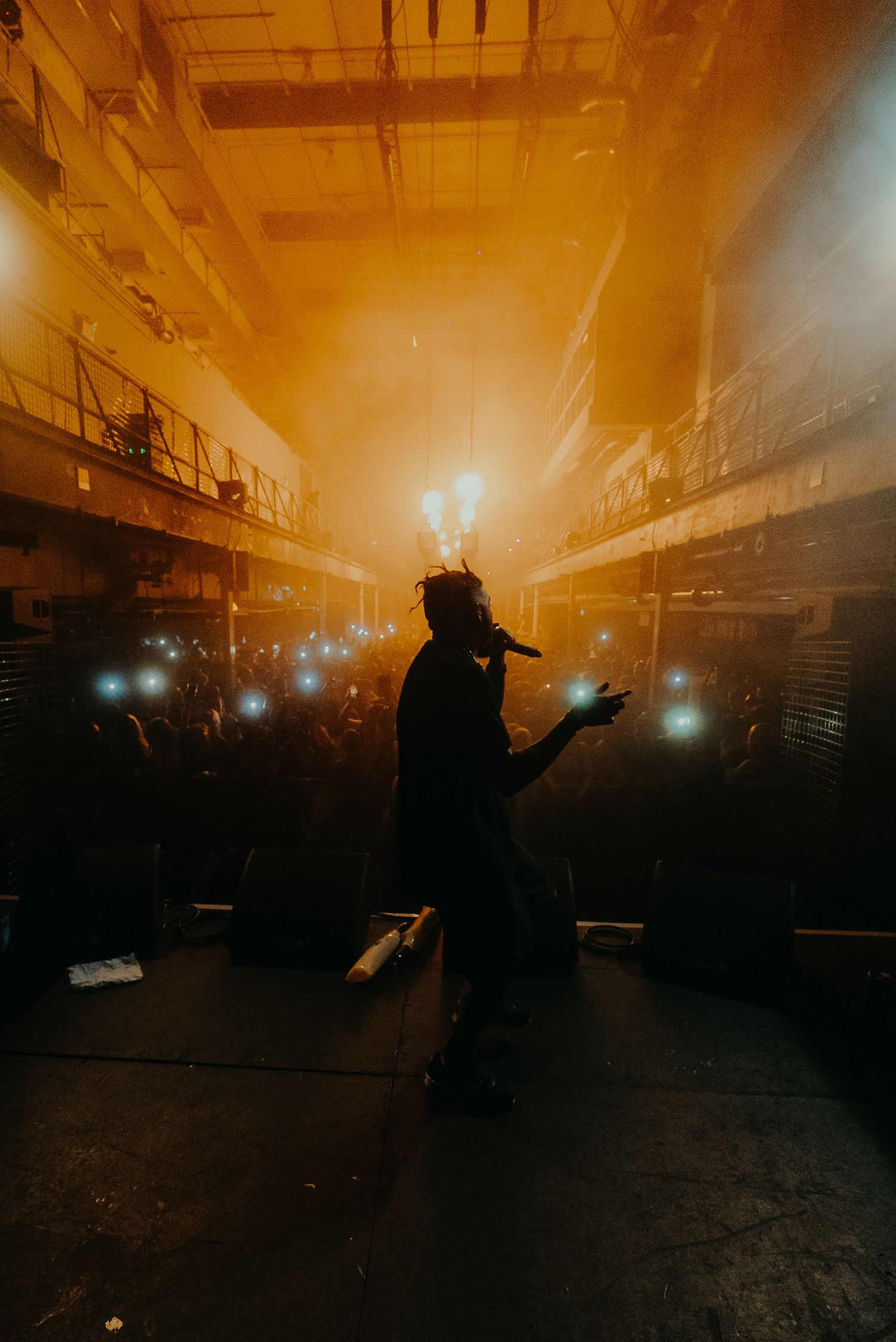 Concert performance silhouette with orange lighting and crowd in background.