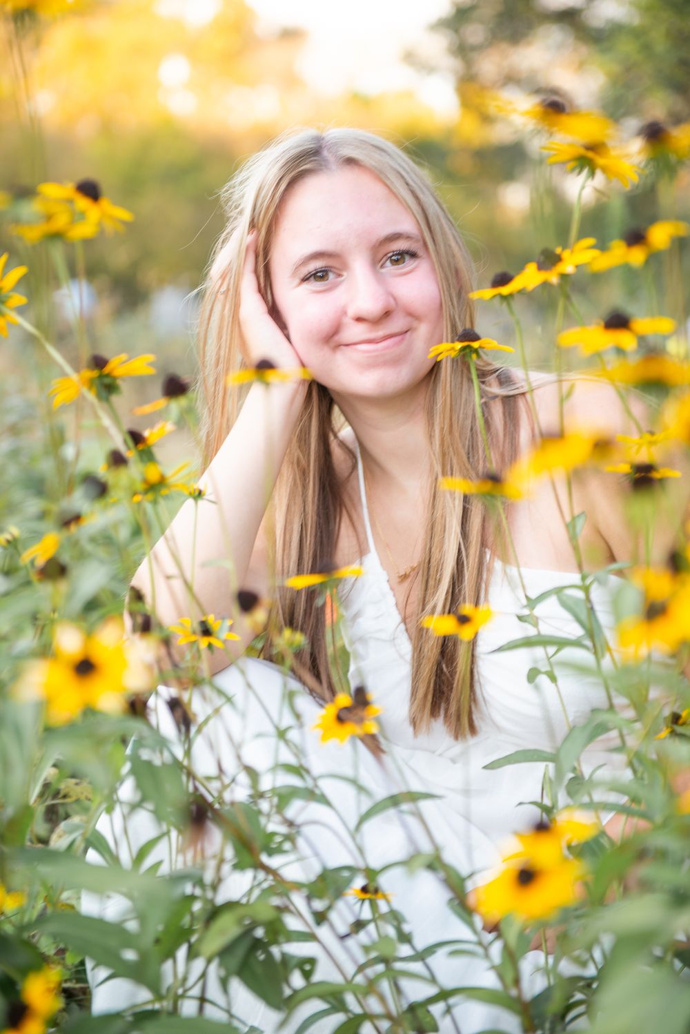 A bright field of yellow black-eyed susan flowers blooms in summer sunlight with soft bokeh effect.