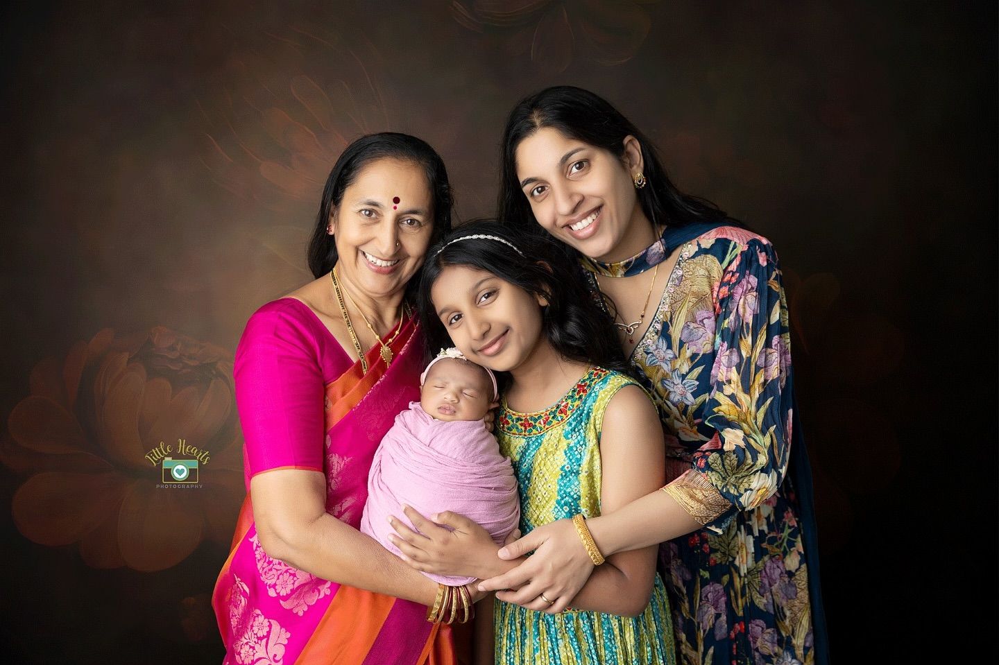 A series of family portraits showing tender moments between adults and a baby against a dark background.