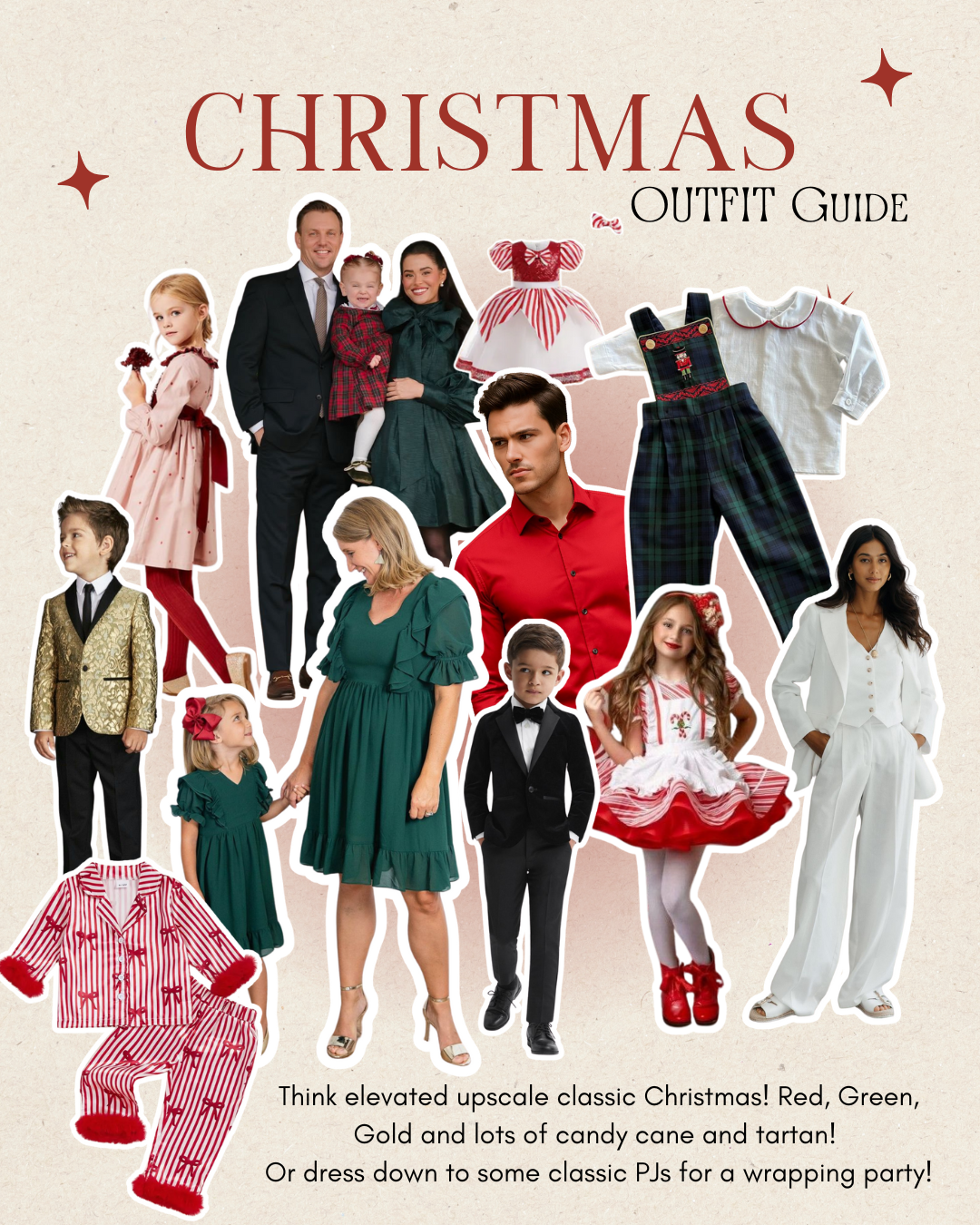 A festive Christmas fashion outfit guide banner showing holiday clothing styles and party attire in red and green colors.