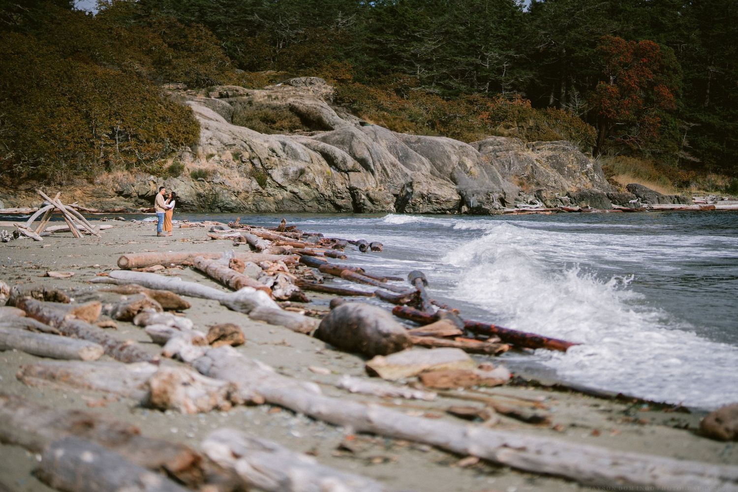 Rocky beach with waves crashing against the shoreline.