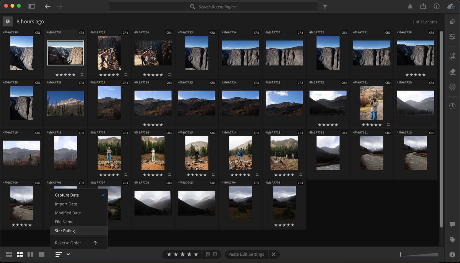 A dark photo editing interface displays multiple image thumbnails in a grid layout against a black background.
