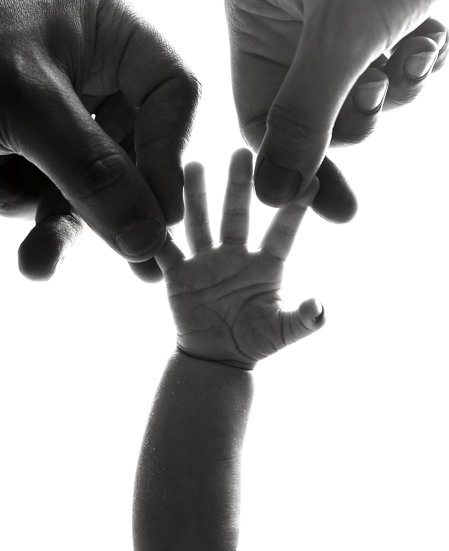 Silhouetted hands in sequence demonstrate sign language gestures against a white background. At a newborn photography studio in London