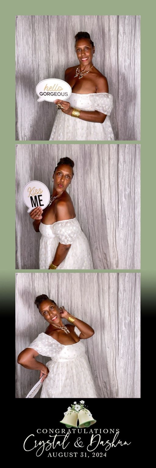Photo booth collage with decorative text and wedding date overlay.