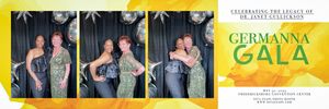A series of photo booth style snapshots show formal event attendees posing and having fun next to a yellow gala event banner.